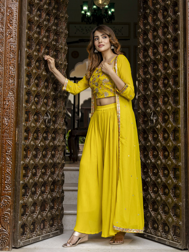 Yellow Jacket Crop Top Plazo Jacket Buy Embroidered Georgette Crop