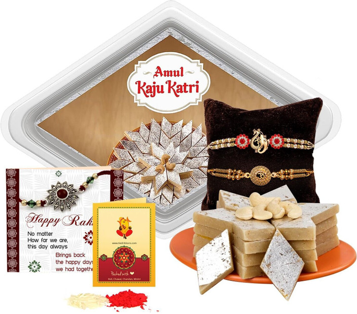 TIED RIBBONS Rakhi for Brother Men with Sweets - Set of 2 Rakhis with Amul  Kaju Katli Gift Cotton Gift Box
