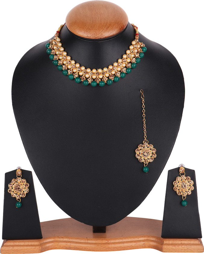 ABHRIK IMITATION Crystal Gold-plated Green, Gold Jewellery Set