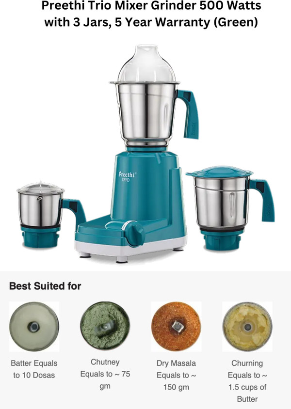 Mixer Jar Preethi Trio Mixie Preethi Trio 500W Mixer Grinder With