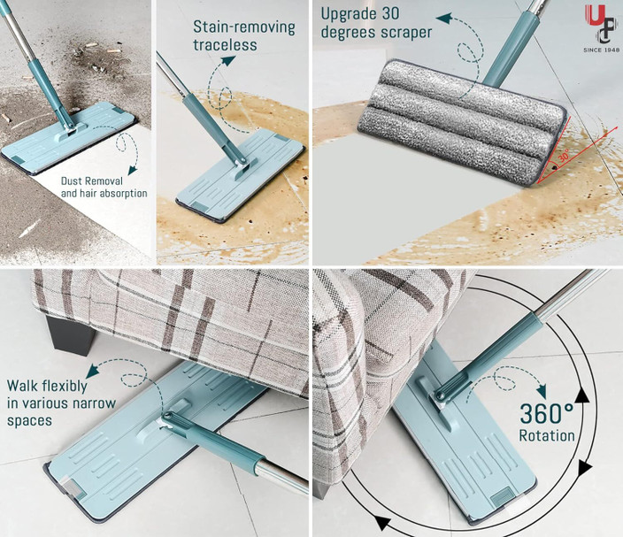 16.5" Self-Wringing Microfiber Flat Mop - 55" Handle, Includes Bucket & 3 Pads, Wet/Dry Use