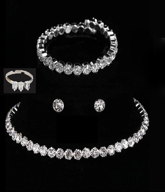 Rhosyn Silver plated Single Line Big Diamond Choker, Ring