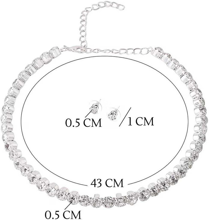 FLIKKER Stylish Silver plated Chocker Single Line Big Diamond Necklace for  Girls Women Pearl Silver Plated Crystal Necklace Set