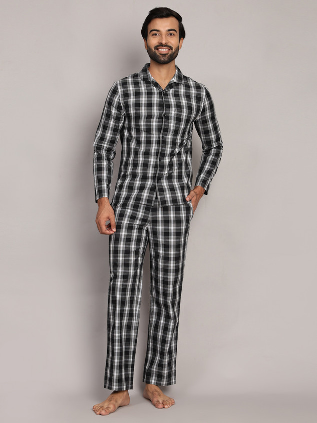 BSTORIES Men Checkered Black Shirt Pyjama set Price in India