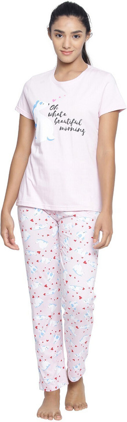 Ariel Women Printed Pink Top Pyjama Set