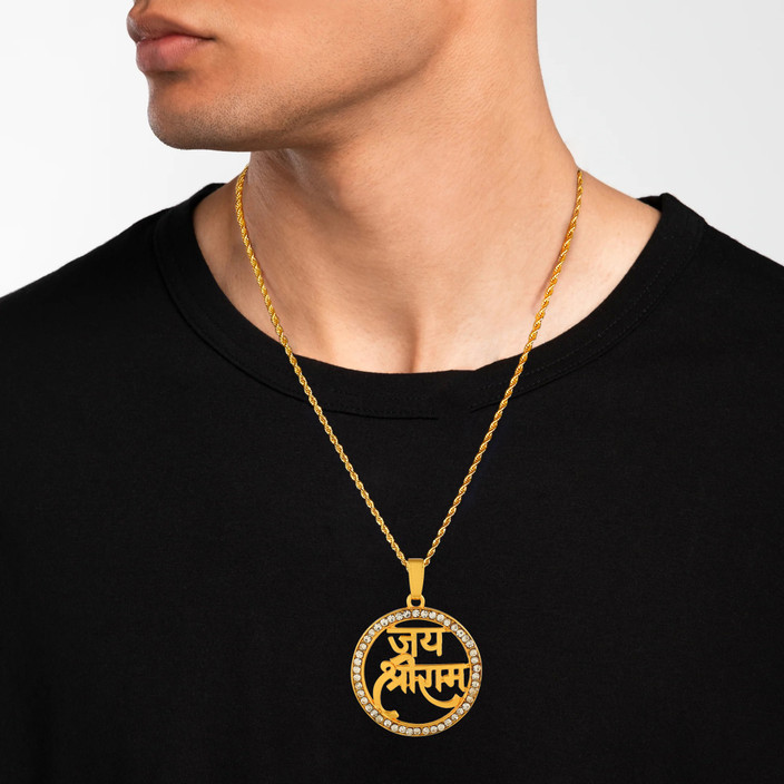 RN Gold Plated CZ Lord Jai Shree Ram Pendant Necklace Chain Locket Pendant  Gold-plated Cubic Zirconia Brass Pendant