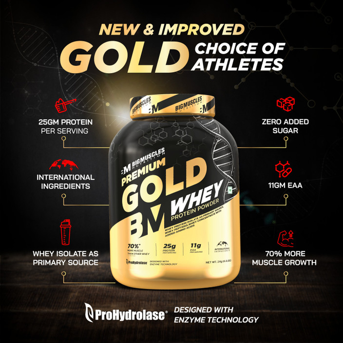 BIGMUSCLES NUTRITION Premium Gold Whey 25g Protein Per Serving, 0g  BCAA Whey Protein