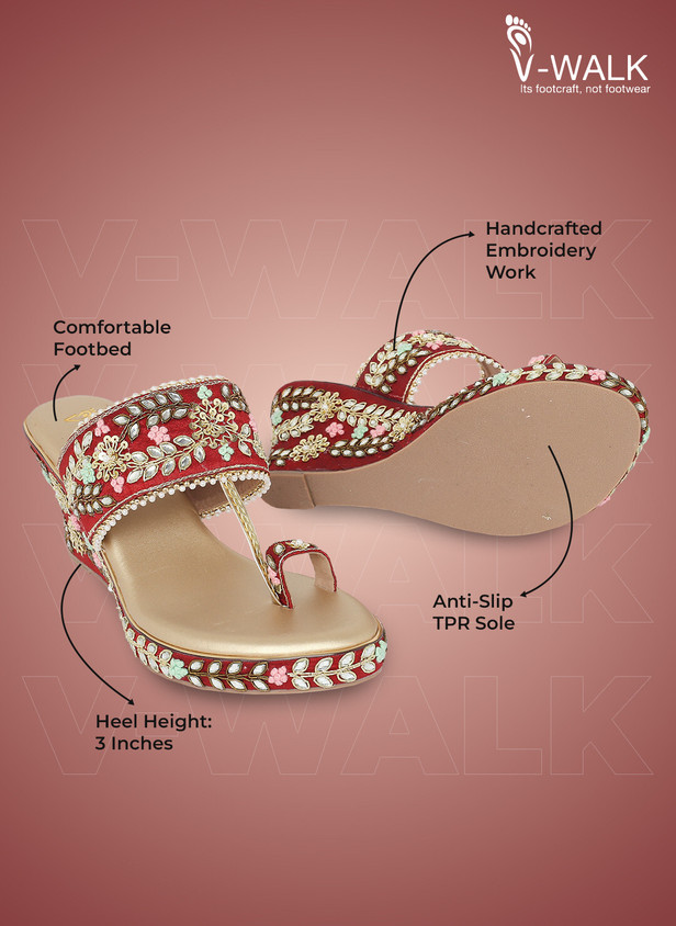 Vwalk Slip-Ons Floral Embroidered Ethnic Wedge Heel Bridal Sandals