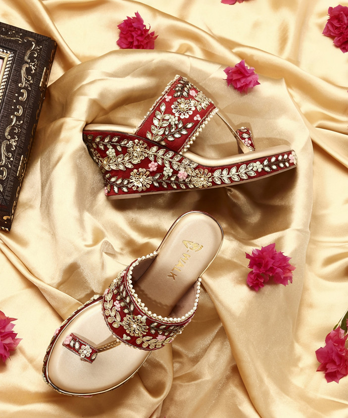 Vwalk Slip-Ons Floral Embroidered Ethnic Wedge Heel Bridal Sandals
