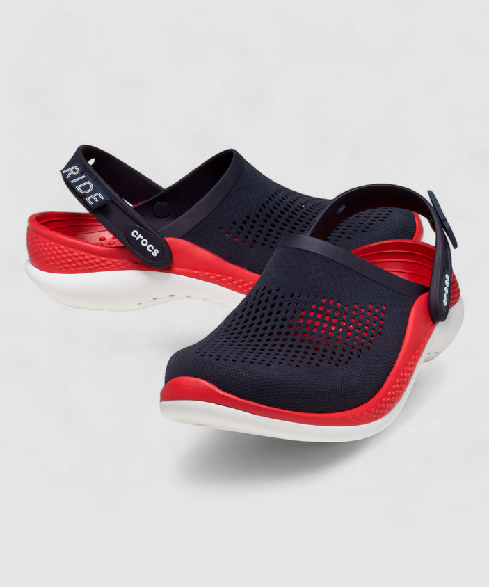 navy blue and red crocs