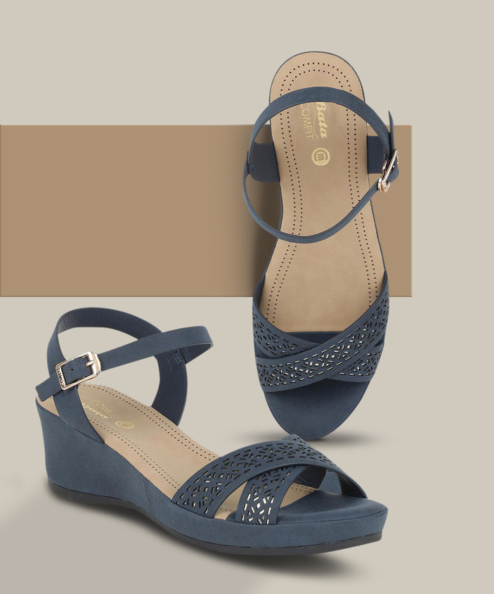 Bata Ladies Blue Wedges Wedges With Laser Cuts