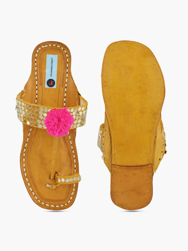 PehnawaCraft Mirror Pink Pompom Original handcrafted Kolhapuri