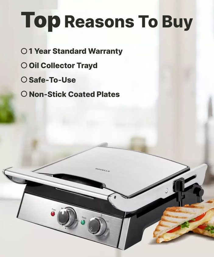 HAVELLS Toastino Slice Grill Bbq With Timer 2000-Watt Sandwich Toaster  (Black) Open Grill