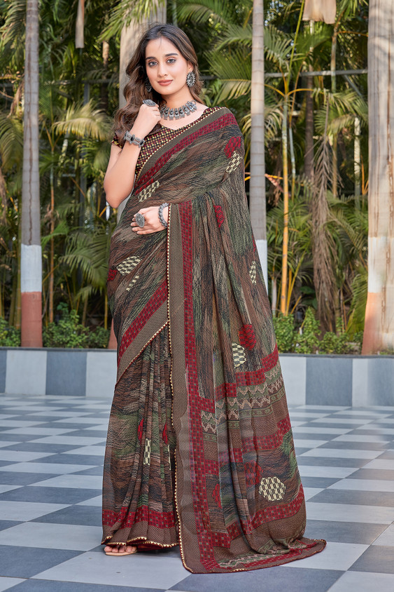 Buy PinkEVE Embroidered, Printed Bollywood Chiffon Brown, Red