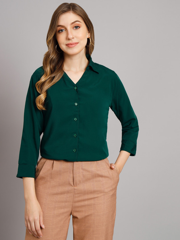 FUNDAY FASHION Women Solid Casual Dark Green Shirt