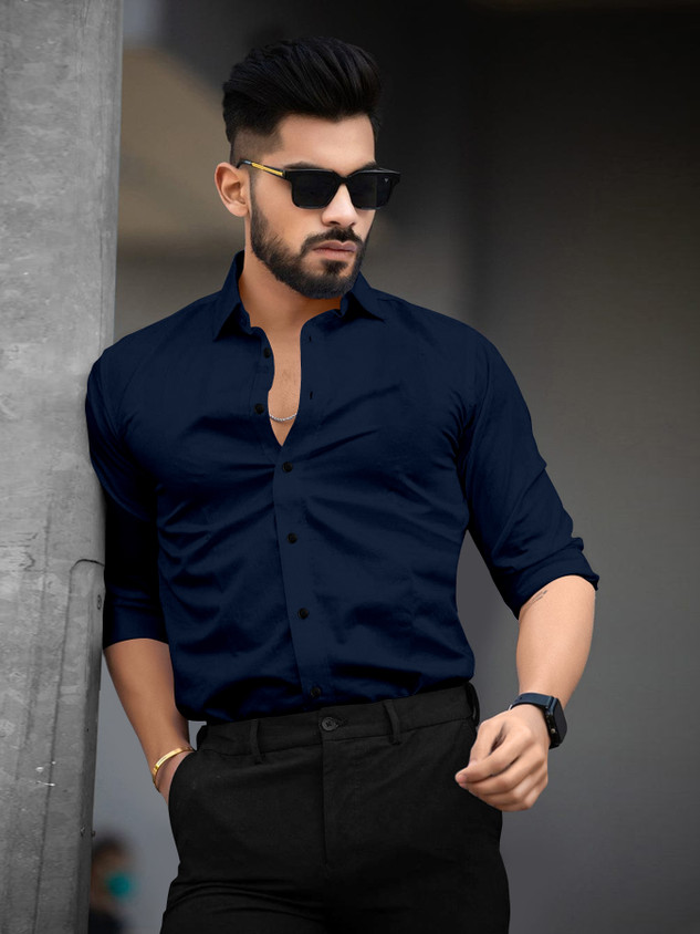 Formal Dress For Men Navy Blue Shirt Men Navy Blue Solid Slim Fit
