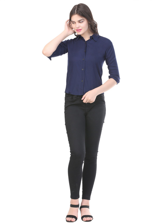 Jeans Navy Blue Shirt For Girls Dark Blue Panel Denim Shirt