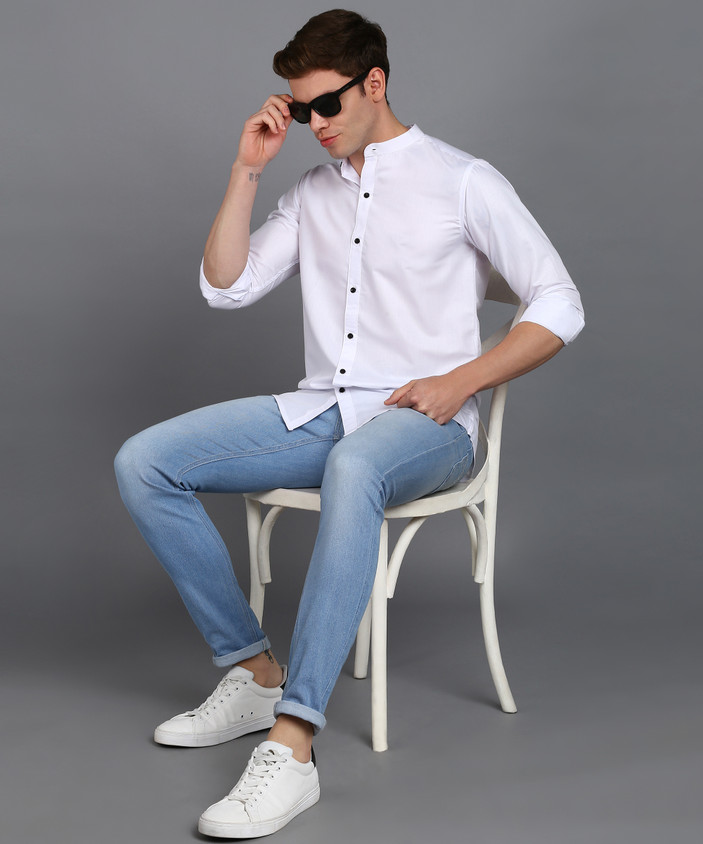 Jeans Fitted Casual Shirts MILDIN Men Solid Casual White Shirt Buy