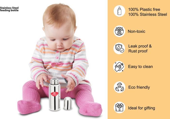 CENTURA Stainless Steel FeedBot Standard Baby Feeding Bottle With Silicone  Nipple 300 ml