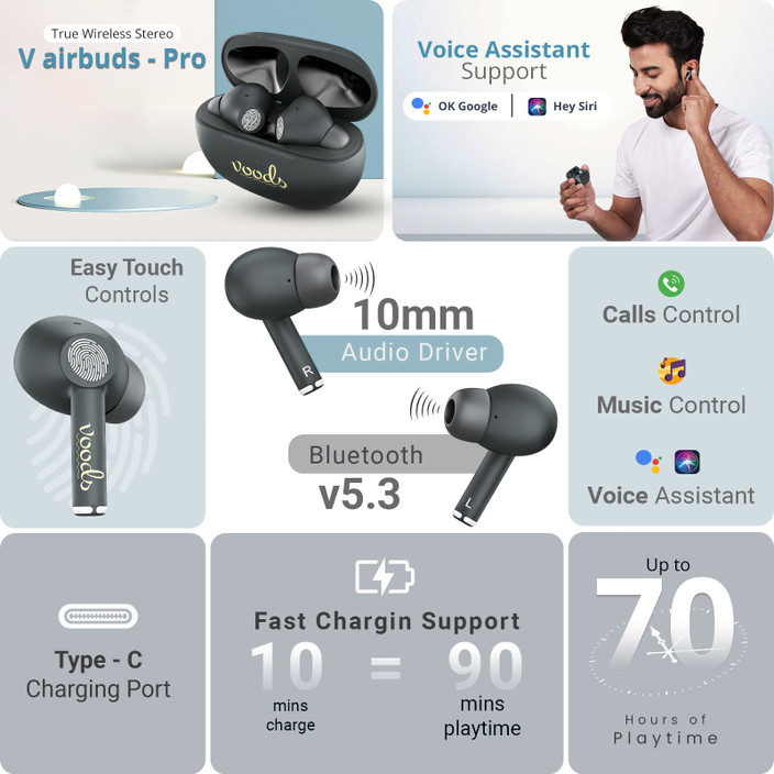 Bluetooth Headset Siri Compatible Wireless Earbuds Voods V Airbuds