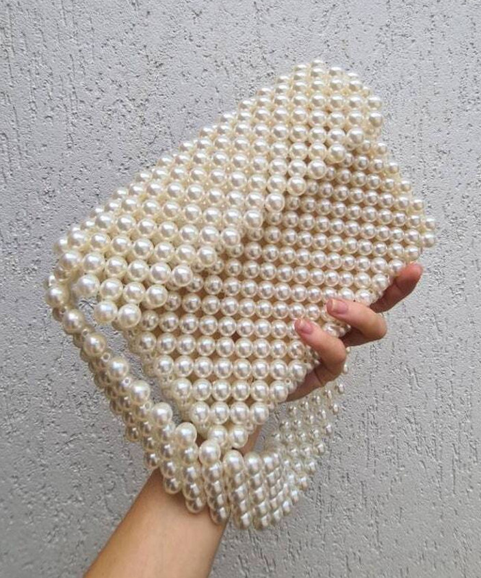 pr hand work White Hand-held Bag 04White bead Hand bag
