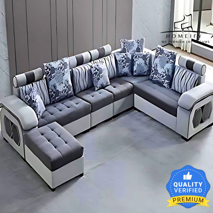 Modern Sofa White And Grey Living Room Furniture Sets Homeify Carlo Seater Fabric Sofa Set With 4-Puffy Convertible