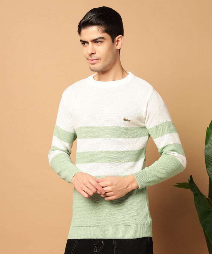 WILLEY Striped Round Neck Casual Men White, Light Green Sweater