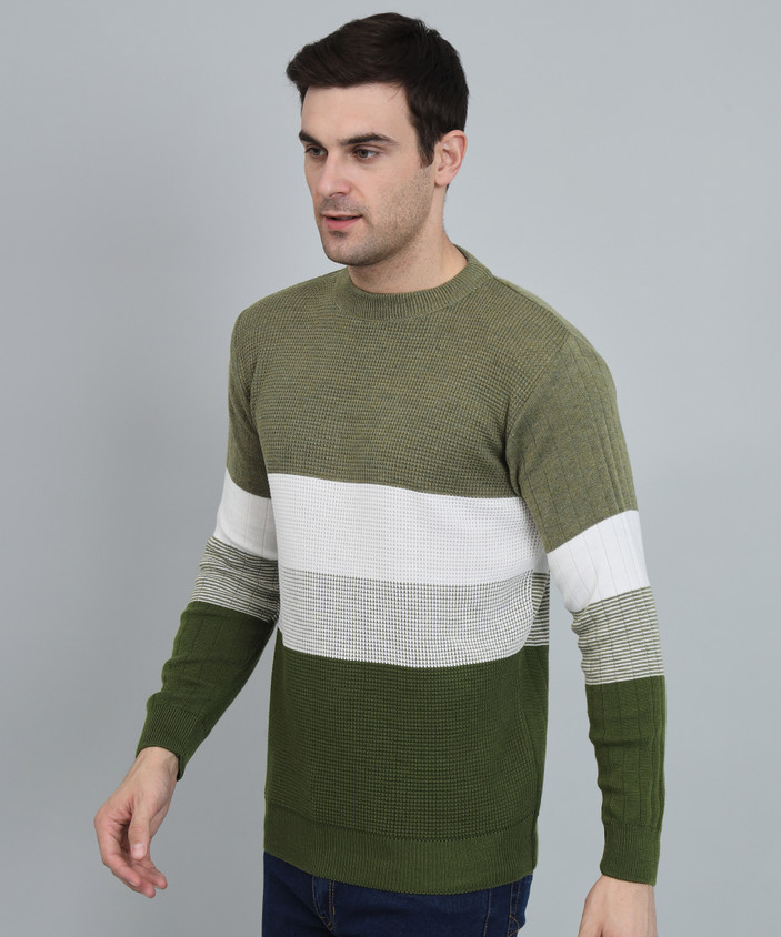 WILLEY Striped Round Neck Casual Men Green, White Sweater Buy