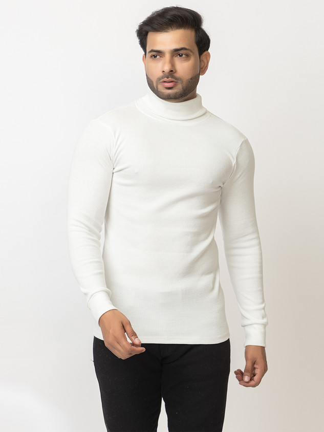 TWEUNBOY Solid High Neck Casual Men White Sweater