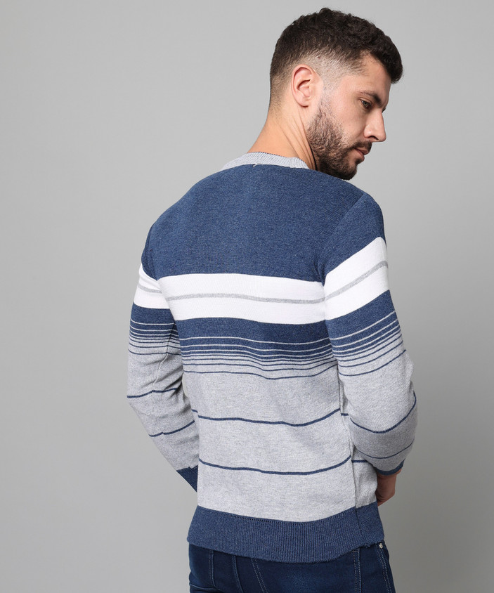 WILLEY Striped Round Neck Casual Men Blue Sweater