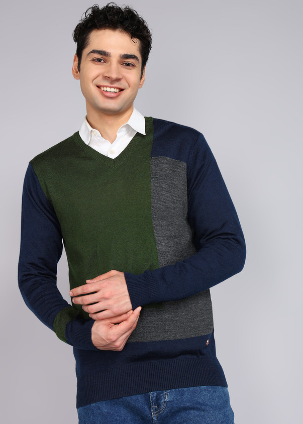 Raymond Self Design V Neck Casual Men Dark Green Sweater