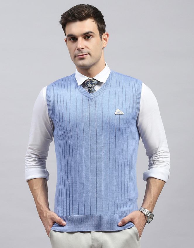 MONTE CARLO Self Design V Neck Casual Men Light Blue Sweater