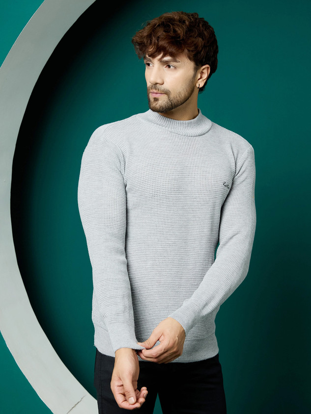 KVETOO Solid Turtle Neck Casual Men Grey Sweater