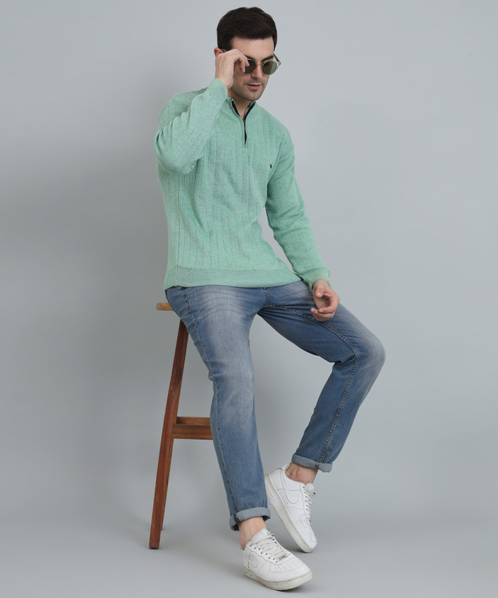 CANBLAR Striped Round Neck Casual Men Light Green Sweater Buy