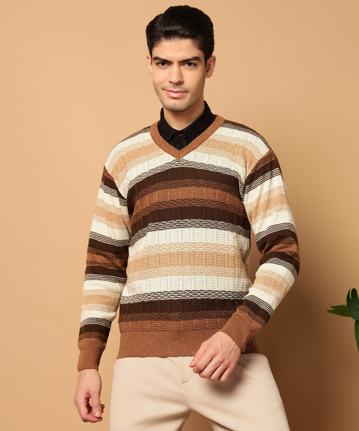 Brown Sweater Long Sweater Flipkart HELL BOUND Colorblock V Neck