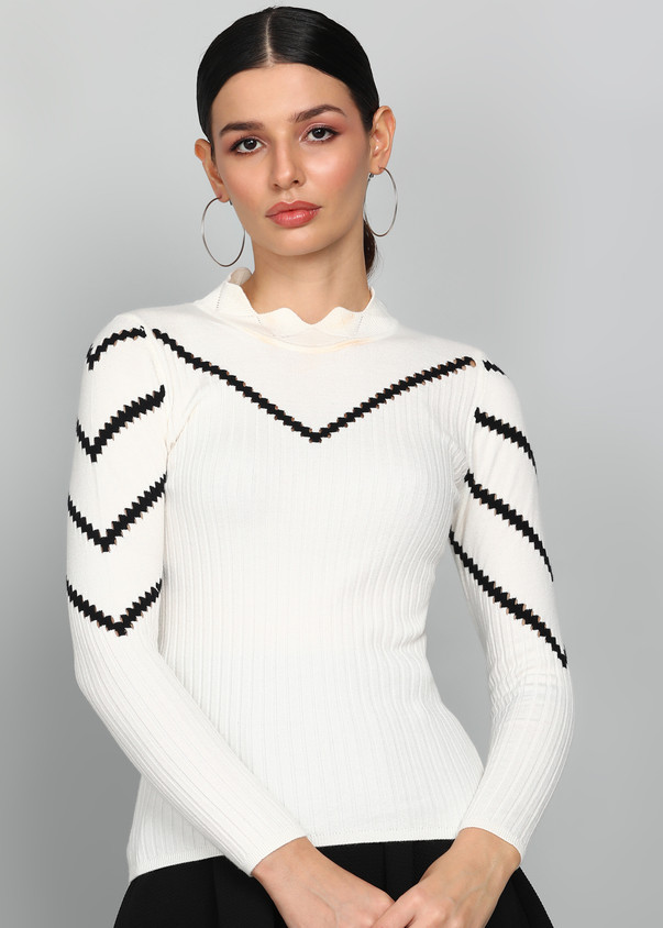 Monte Carlo Sweater High Neck Design Men Cream Self Design High