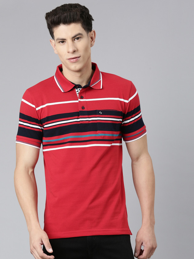Classic Polo Striped Men Polo Neck Red T-Shirt