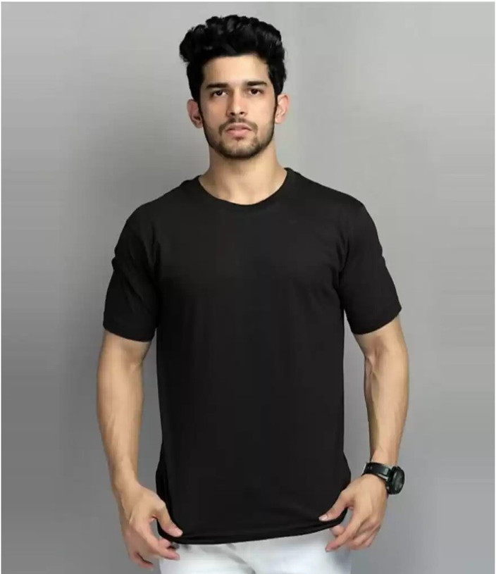 AMSHA Solid Men Round Neck Black T-Shirt