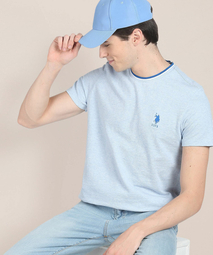 POLO Self Design Men Crew Neck Blue T-Shirt Buy