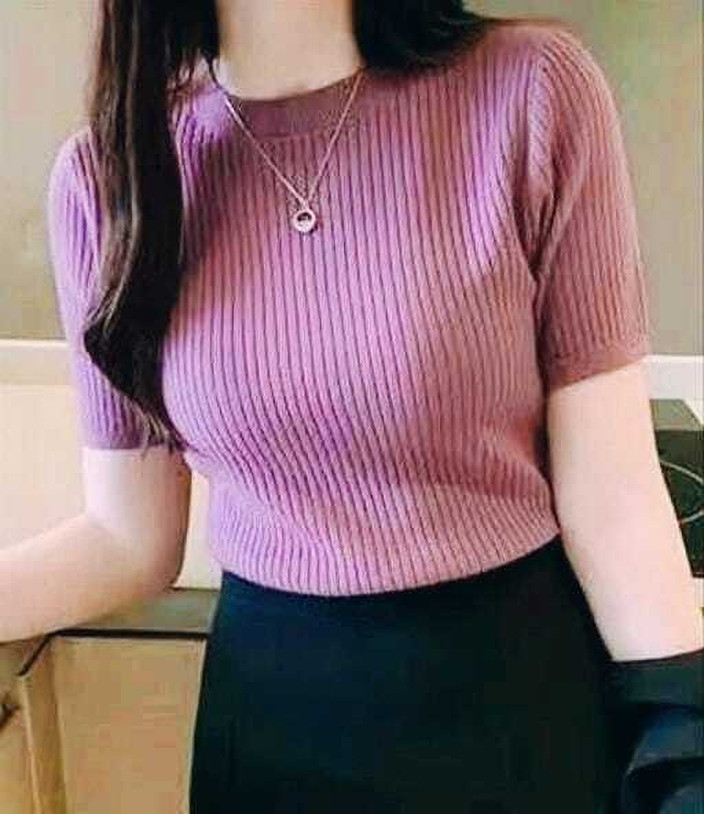 Everfab Self Design Women Round Neck Purple T-Shirt