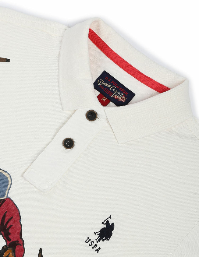 Polo Denim Printed Men Polo Neck White T-Shirt