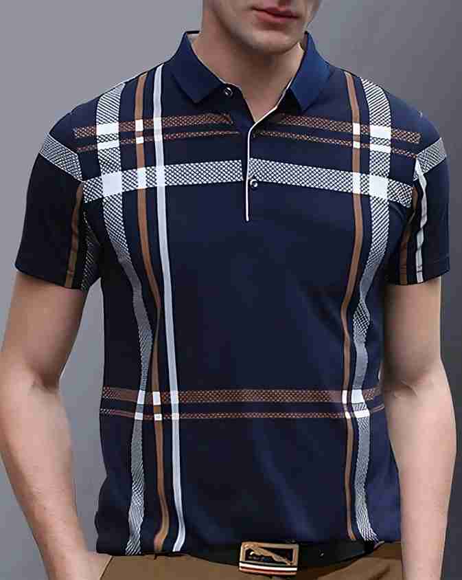 AUSK Checkered Men Polo Neck Dark Blue, White T-Shirt - Buy AUSK