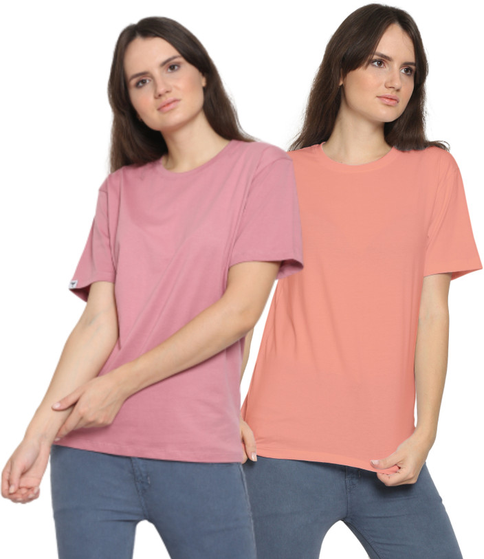 YouthPoi Solid Women Round Neck Pink, Orange T-Shirt Buy