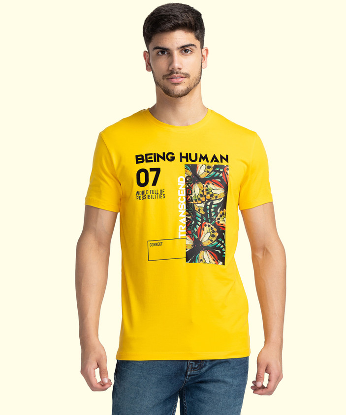 BEING HUMAN Typography, Graphic Print Men Round Neck Yellow T