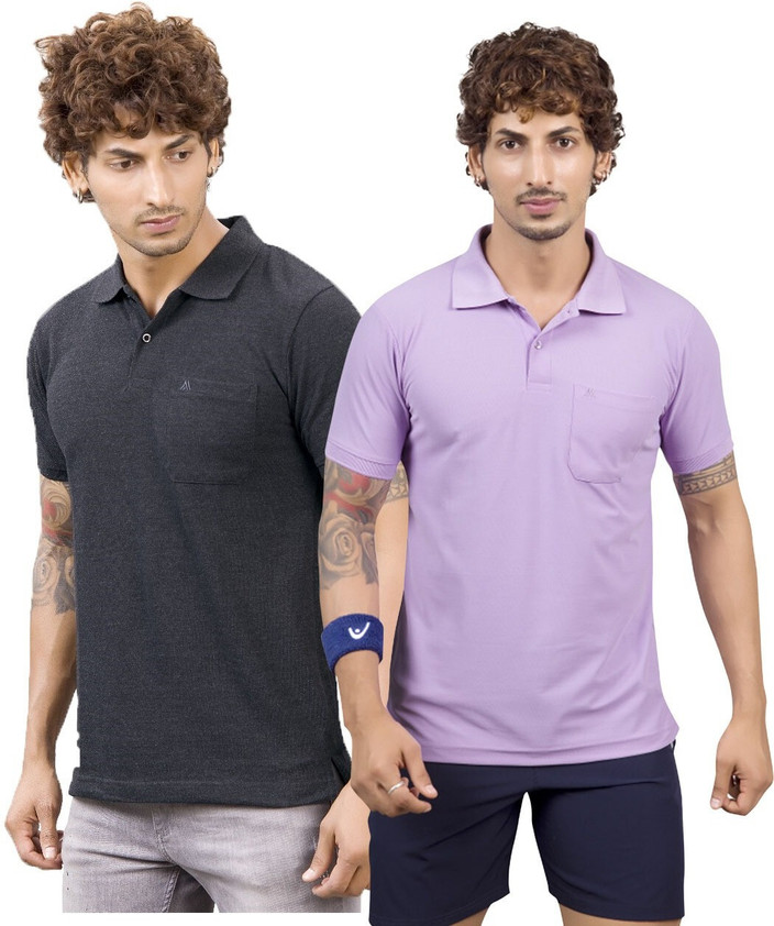 Flipkart Black Purple Shorts M2hit Solid Men Polo Neck Purple, Black T-Shirt