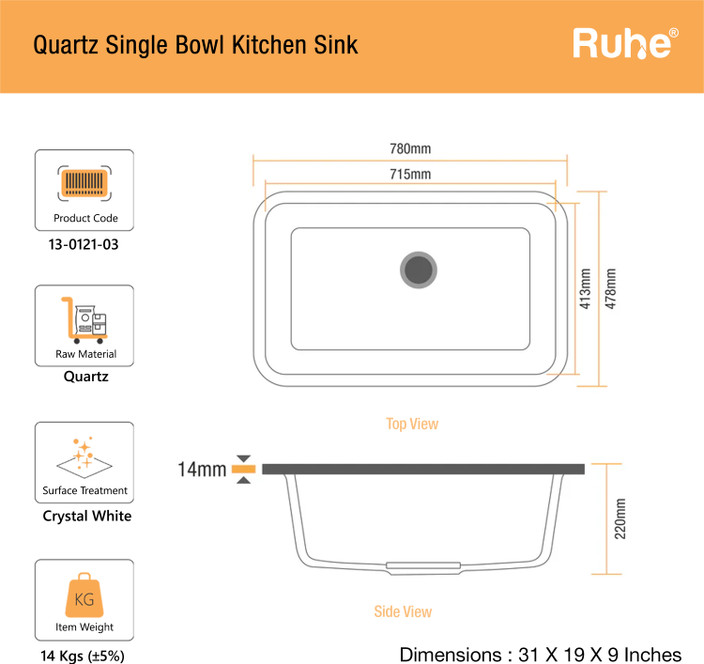 Weight Loss 14 Kg In Stone RUHE Quartz Crystal White Single Bowl