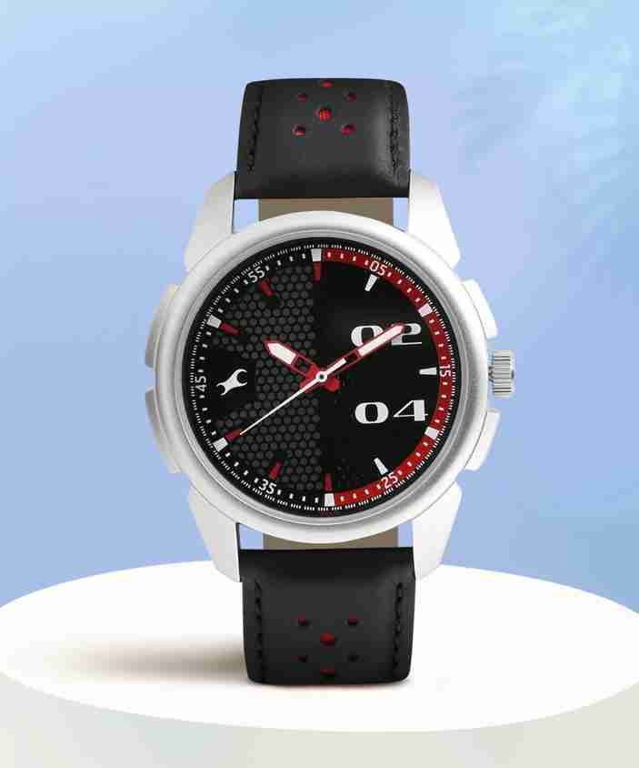 Stainless Steel Loopholes Grey Dial Leather Strap Watch Analog