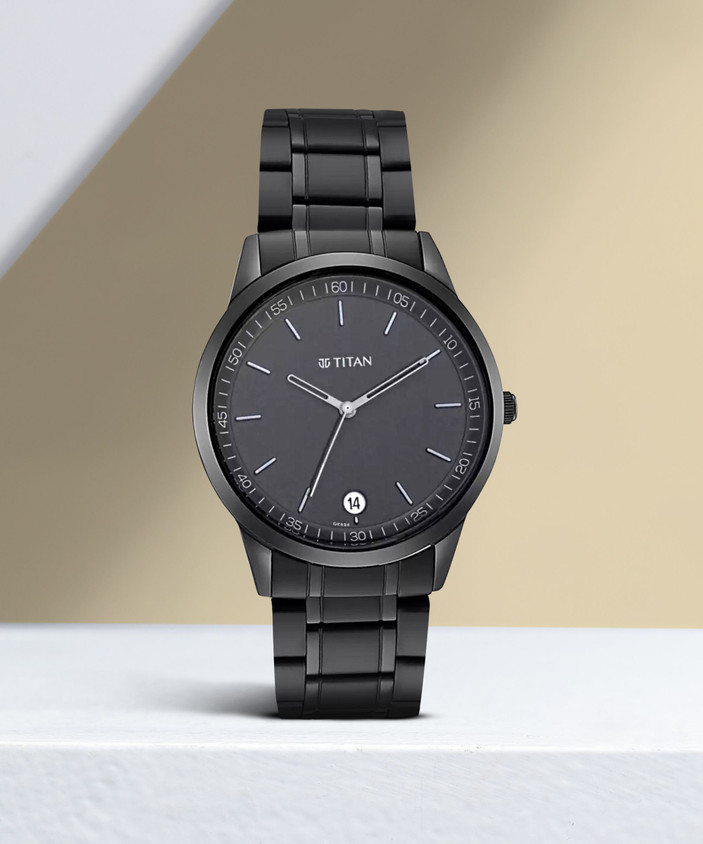Titan Black Metal Watch Titan Quartz Multifunction Black Dial