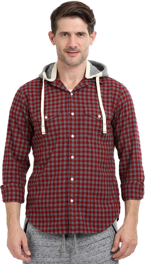 mens checked shirt with hood