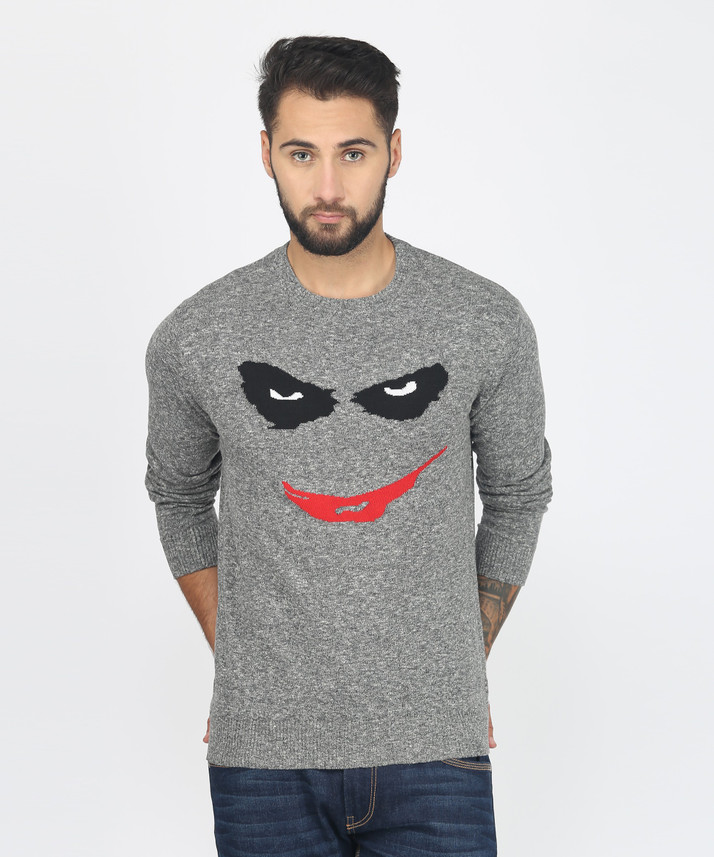 Round Neck Casual Men Grey Sweater 